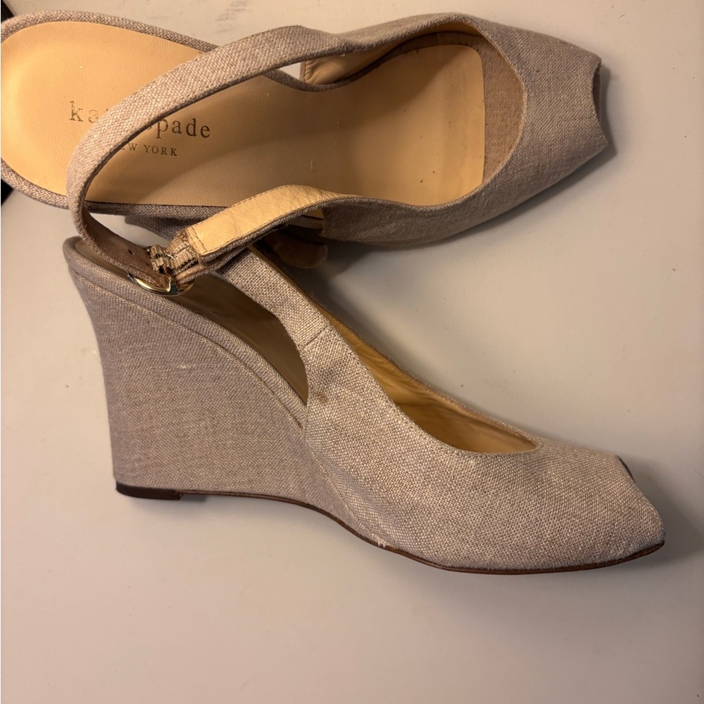 kate spade neutral beige linen peep-toe wedge sandals